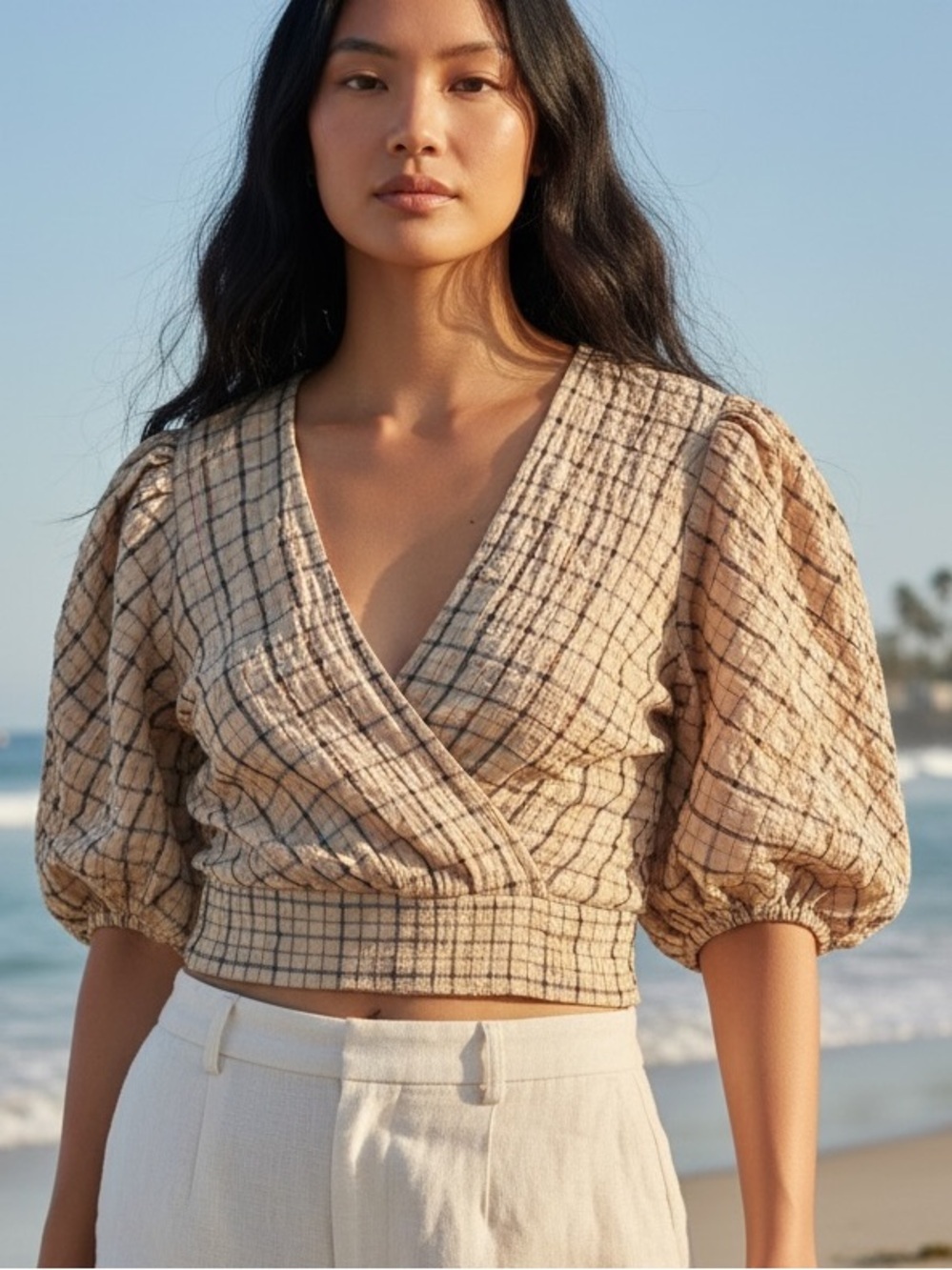 ZARA top, cropped, full 3/4 sleeves, cotton/linen gauze type fabric. Faux wrap.